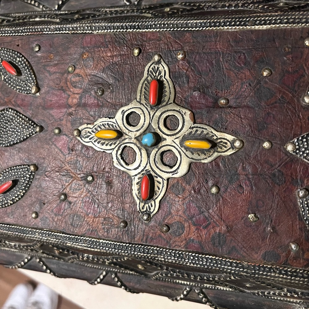 Ornate Moroccan Wooden and Leather Jewelry Box with Silver and Stone Accents - Picture 11 of 16